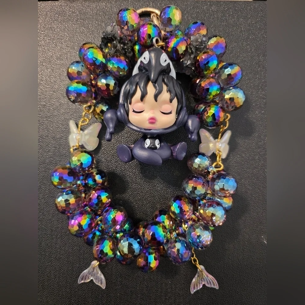 Colorful Iridecent Beaded Bag Charm with Figurine Charm